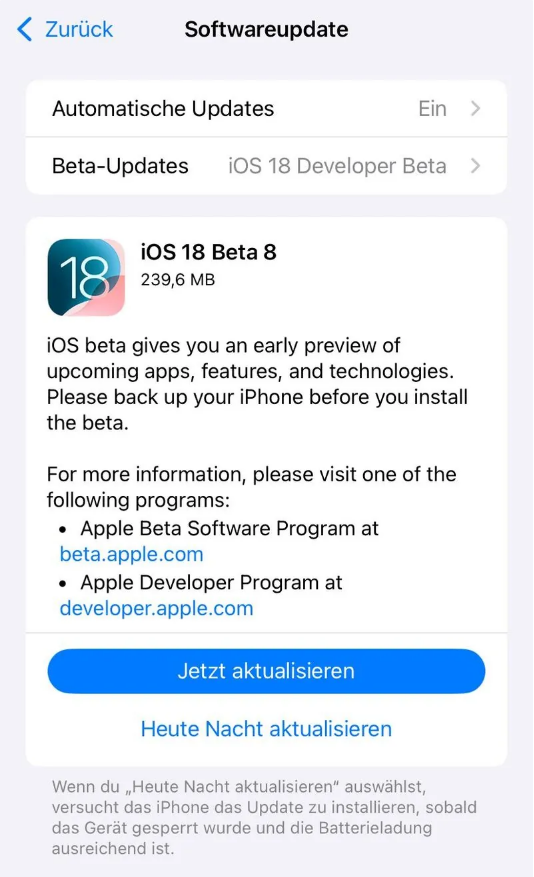 饶阳苹果手机维修分享苹果 iOS / iPadOS 18 开发者预览版 Beta 8 发布 